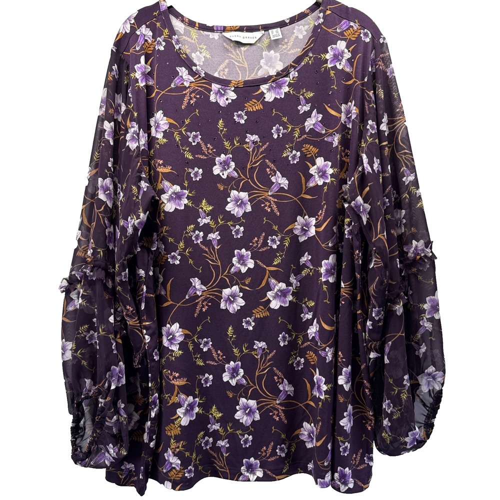 Susan Graver Women's Top Size 2X Purple Floral Long Sleeves Ruffle Pullover Boho